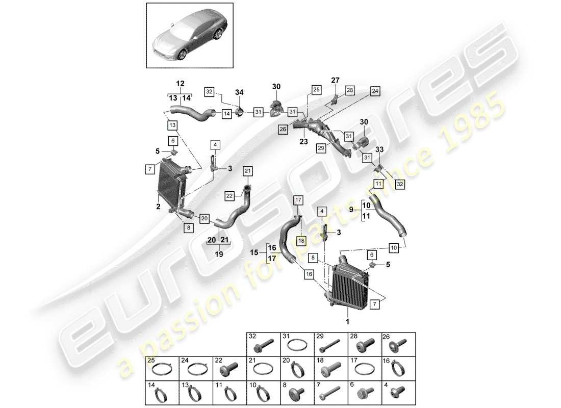 porsche 2018 (panamera 971-1) schema delle parti del raffreddatore dell'aria di carica