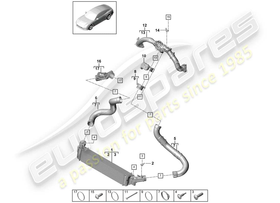 porsche 2017 (panamera 971-1) schema delle parti del raffreddatore dell'aria di carica