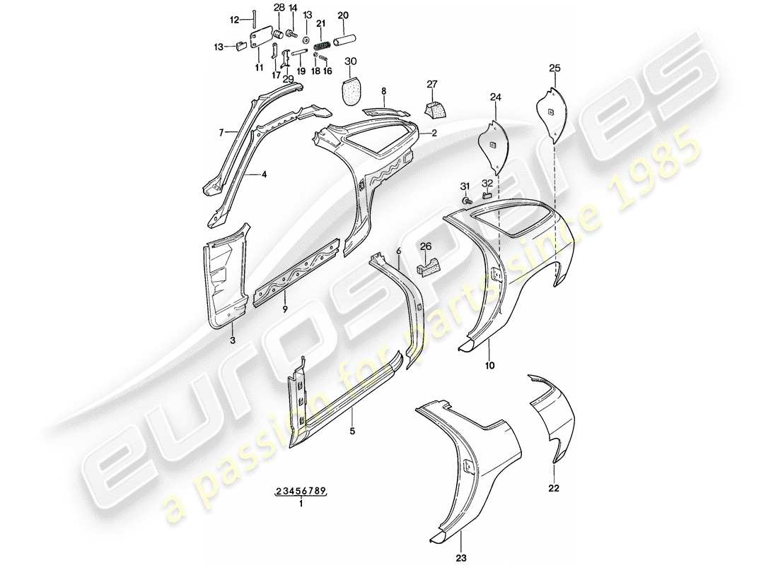 porsche 1982 (928) telaio - pannello laterale schema delle parti