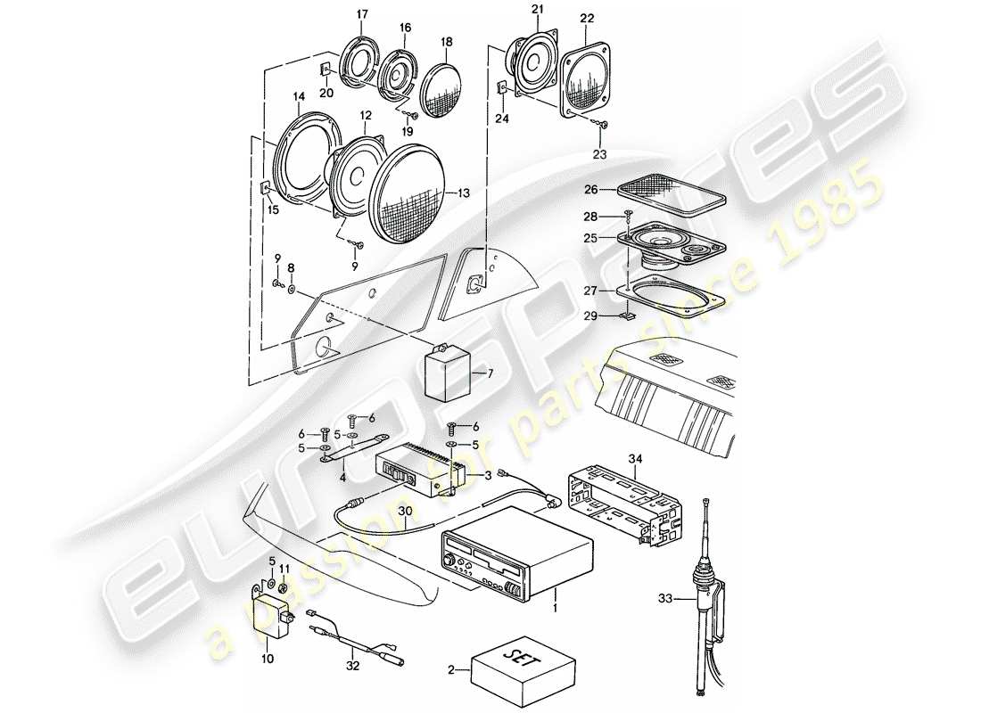 porsche 1987 (911) gruppo radio - altoparlante - parti di installazione - vedi tpi - gr.9 , nr.7 , 07/94 - gr.9 , nr.10 , 09/94 schema delle parti