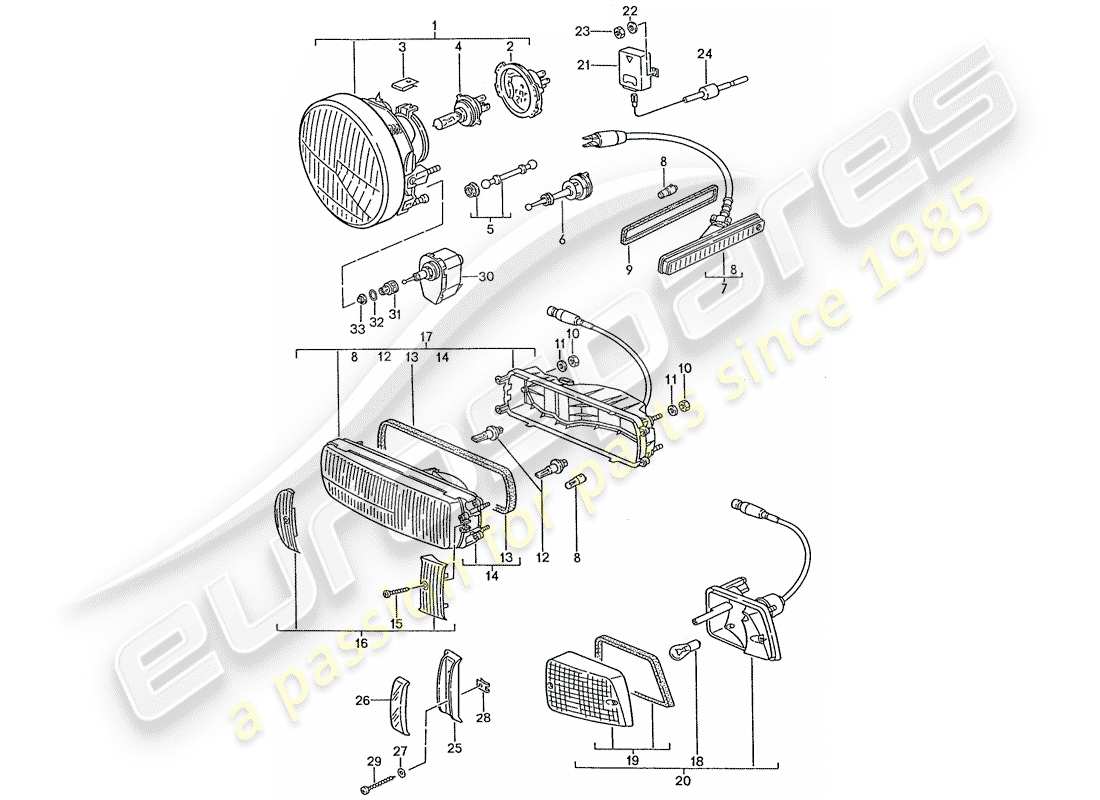 porsche 1990 (928) fanale anteriore - indicatore di direzione schema delle parti