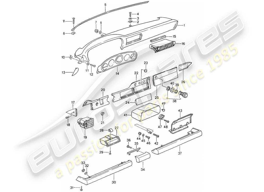 porsche 1994 (993) cruscotto - rivestimento ginocchiera - per auto senza - airbag - (lato passeggero) schema delle parti