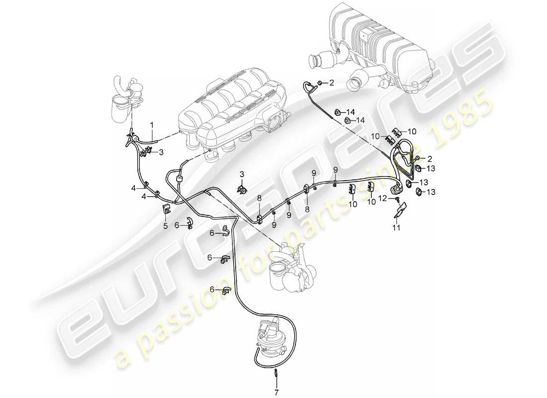 porsche carrera gt (2006) linea del vuoto - distributore aria aspirata - serbatoio del vuoto - iniezione aria - scatola di controllo - silenziatore di scarico posteriore schema delle parti