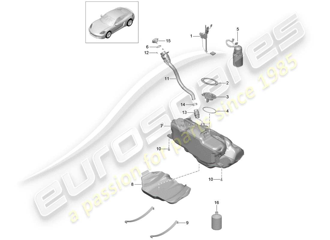 porsche 718 cayman (2020) diagramma delle parti del serbatoio del carburante