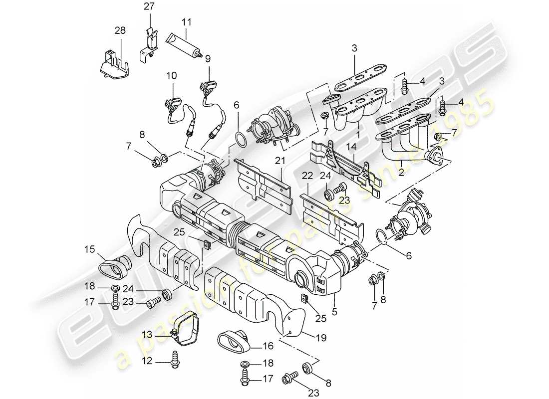 porsche 2003 (996 turbo / gt2) impianto di scarico diagramma delle parti