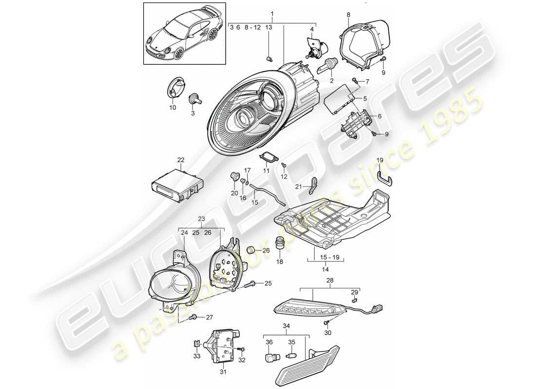 porsche 2011 (997-2 turbo / gt2 rs) diagramma delle parti del faro