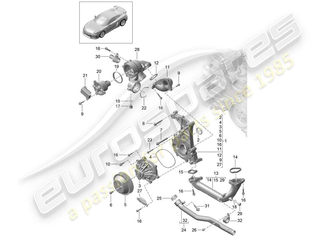 porsche 2016 (981 cayman gt4) schema delle parti della pompa dell'acqua