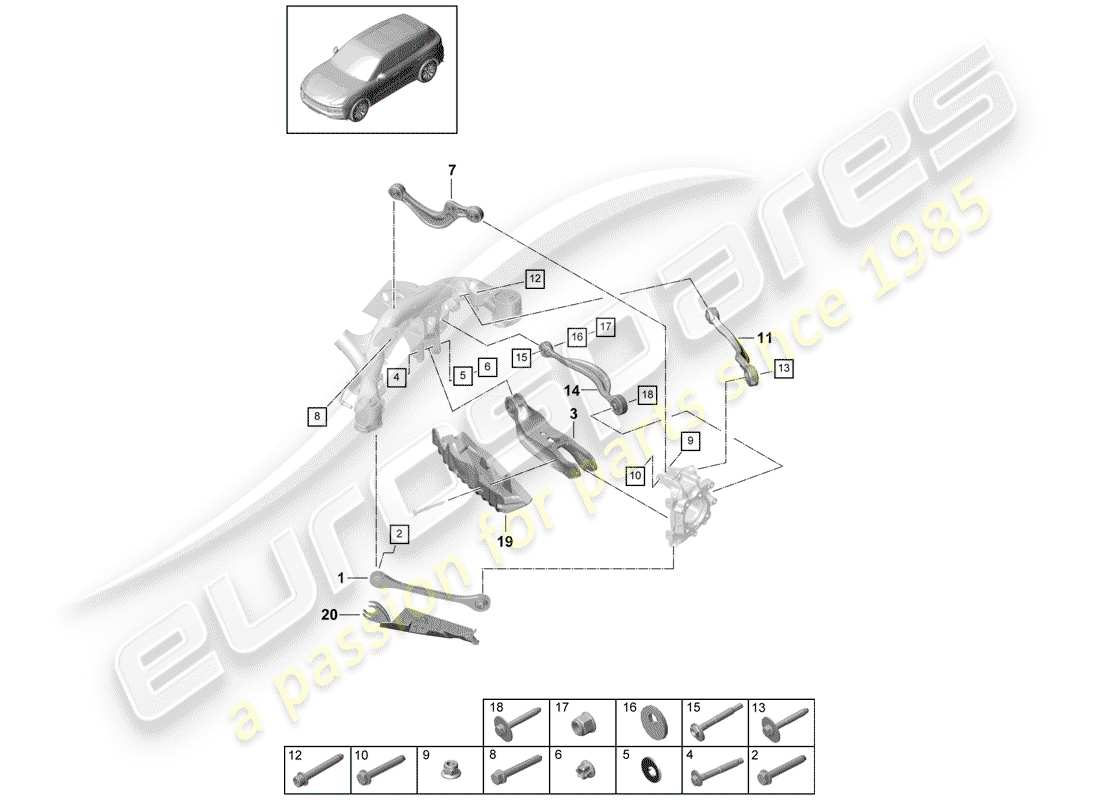 porsche 2020 (cayenne e3 9ya/9yb) braccio di controllo della traccia diagramma delle parti