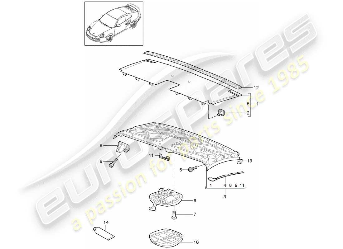 porsche 2011 (997-2 turbo / gt2 rs) telaio superiore diagramma delle parti