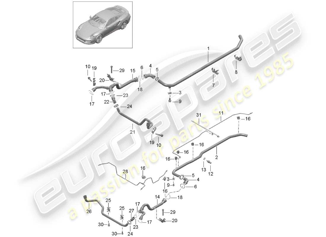 porsche 2016 (991-1 turbo) diagramma delle parti del raffreddamento ad acqua