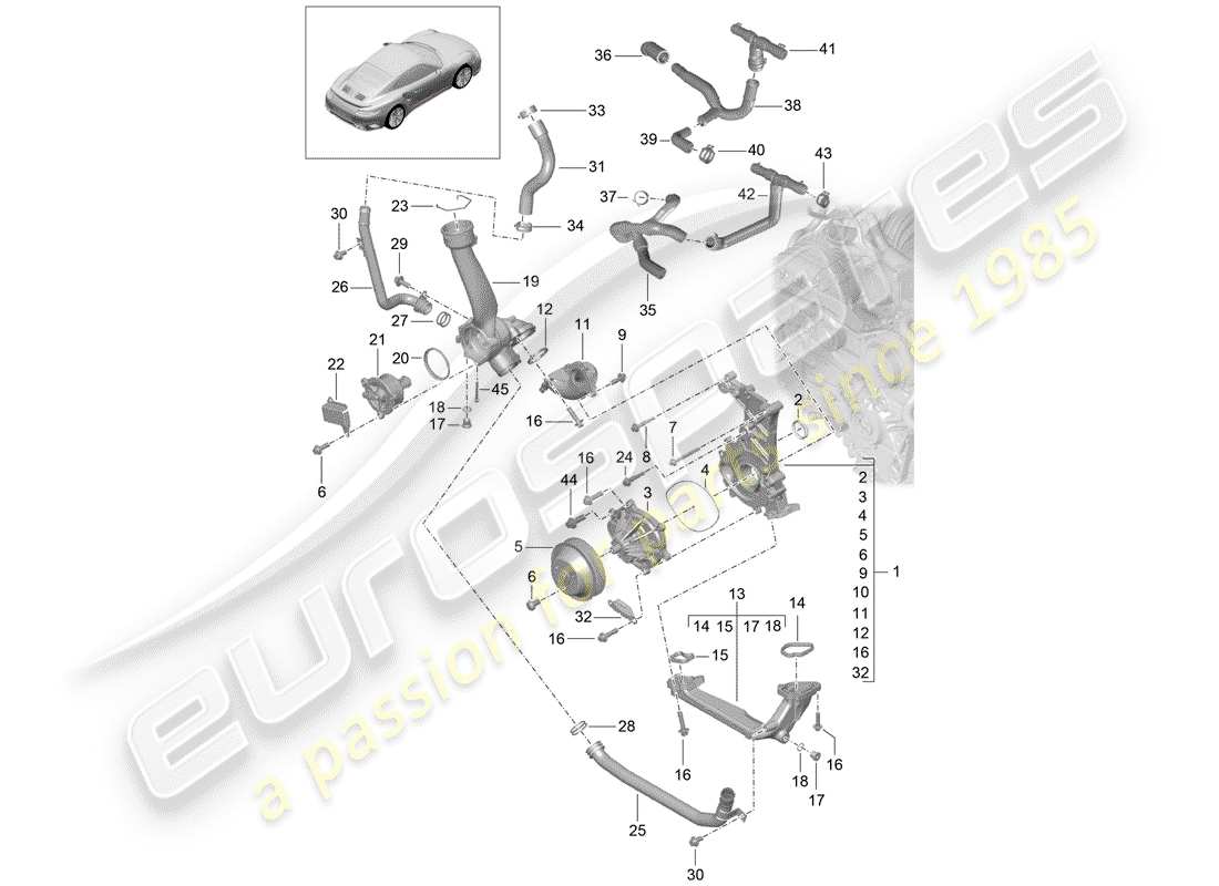 porsche 2016 (991-1 turbo) schema delle parti della pompa dell'acqua