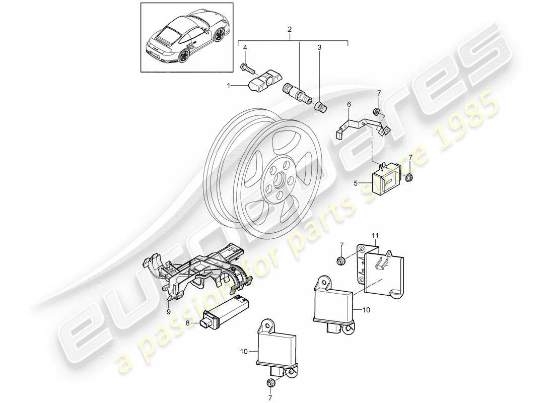 porsche 2011 (997-2 turbo / gt2 rs) schema delle parti del sistema di controllo della pressione dei pneumatici