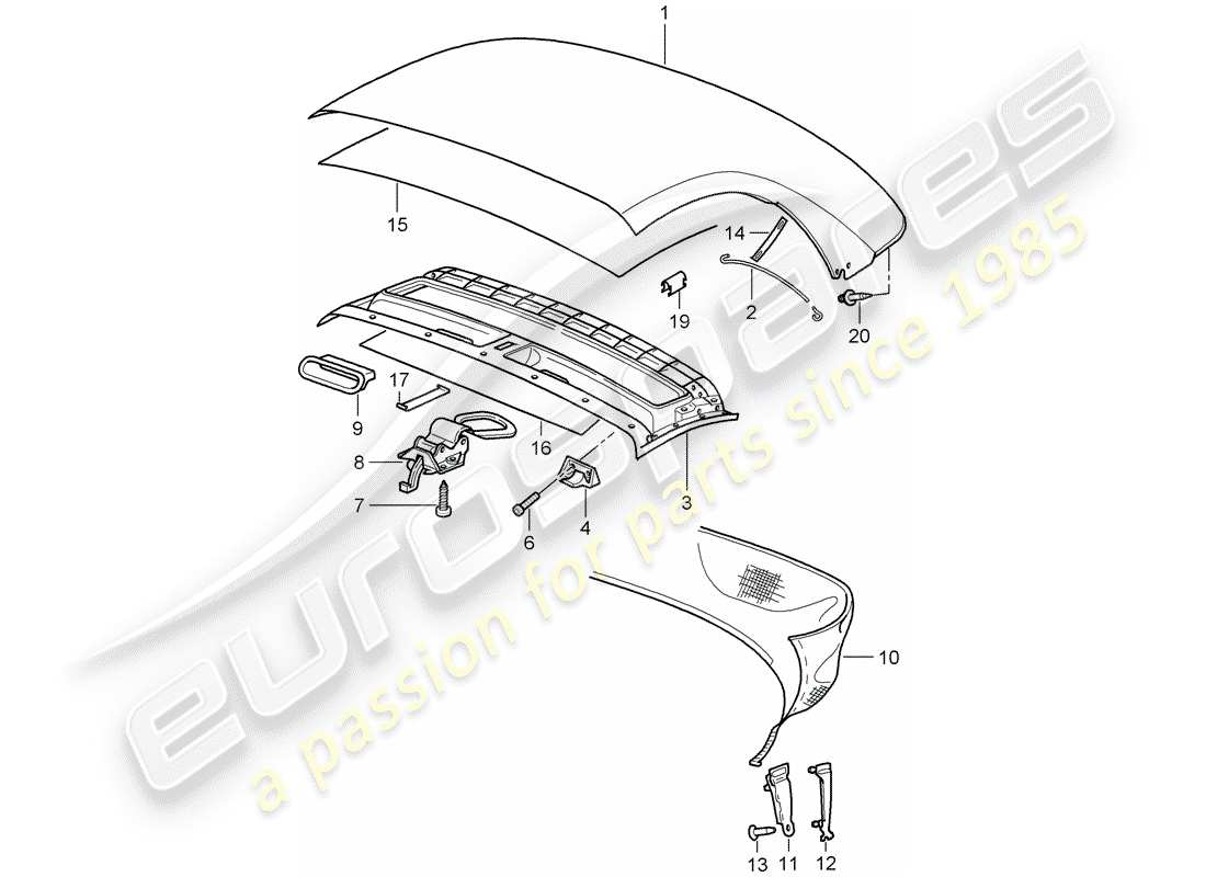 porsche 2000 (986 boxster) copertura capote convertibile - pietra diagramma delle parti