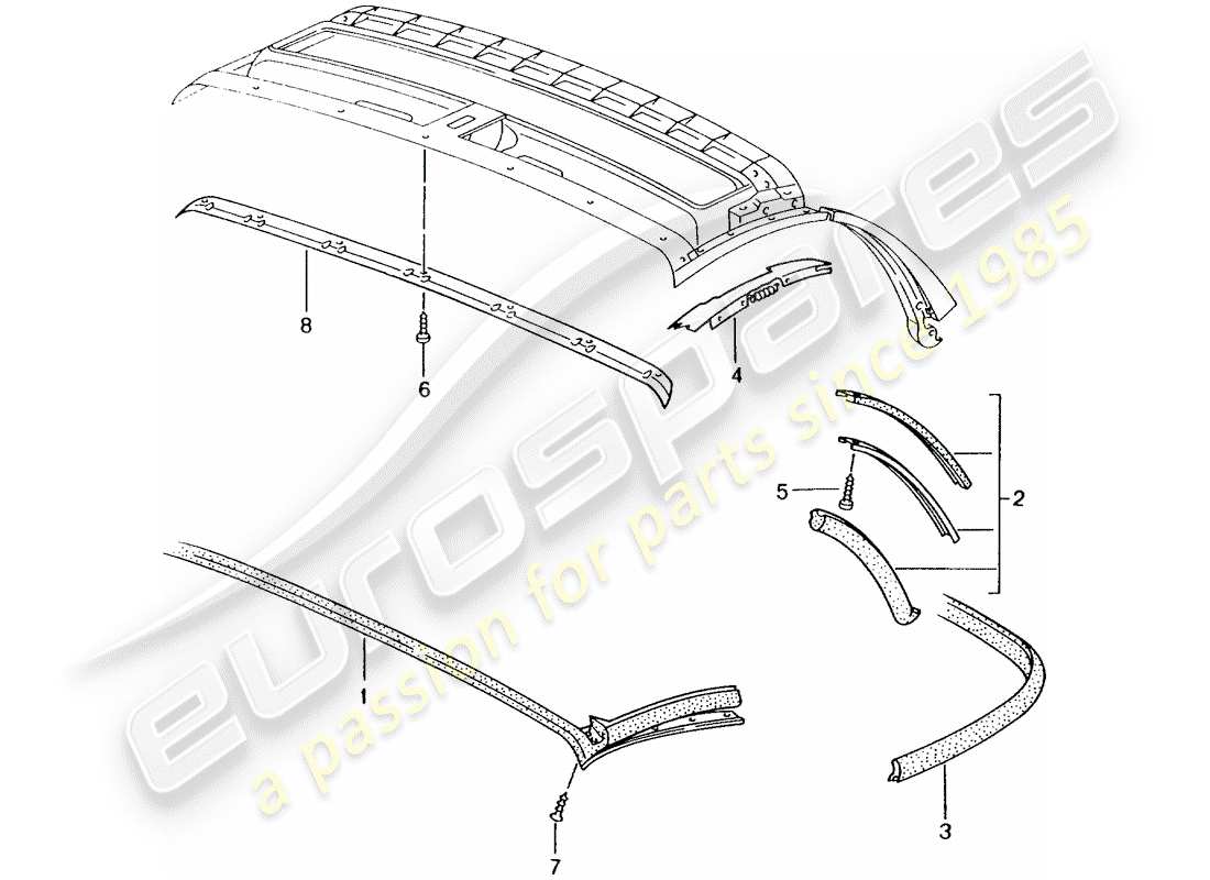 porsche 2000 (986 boxster) capote - striscia di tenuta diagramma delle parti