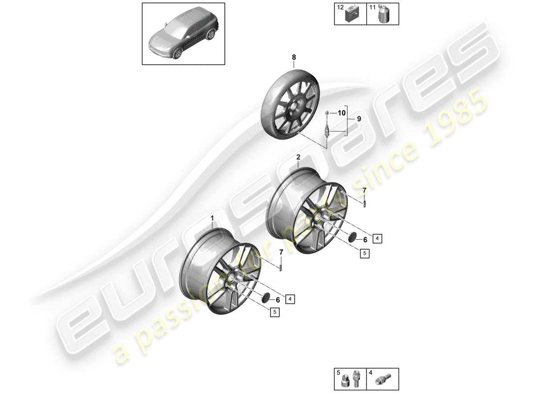 porsche 2019 (cayenne e3 9ya/9yb) diagramma delle parti del cerchio in lega