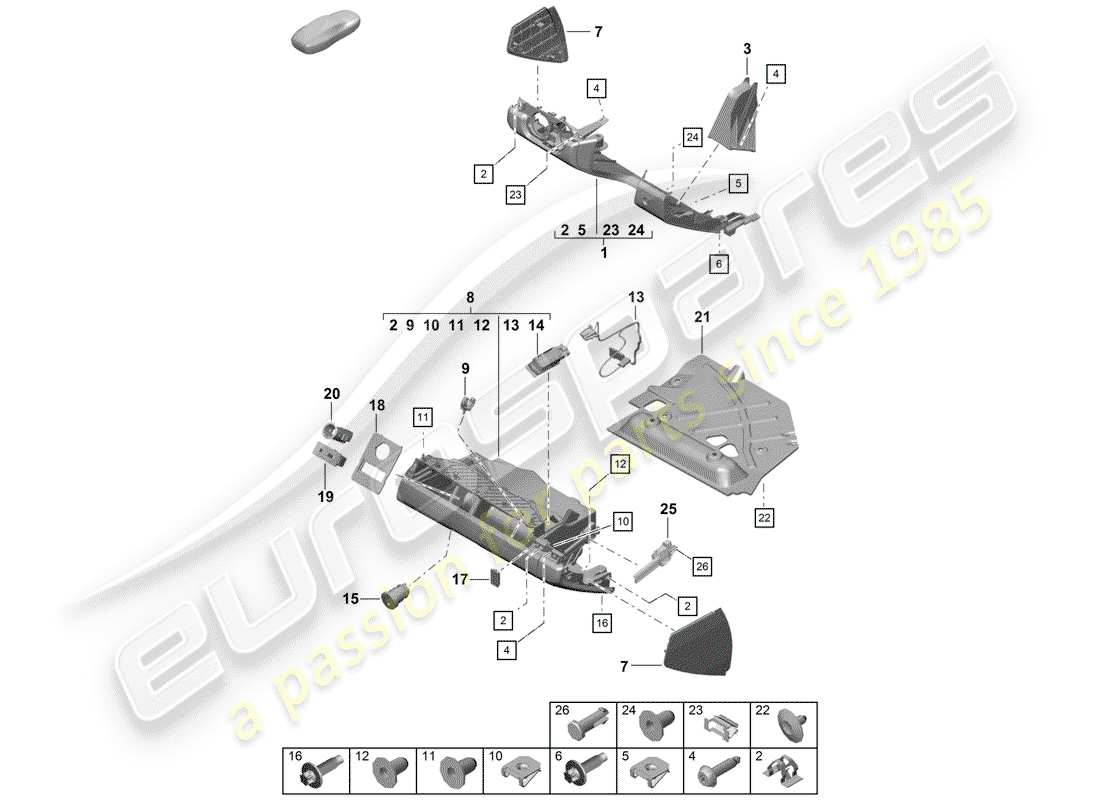 porsche boxster spyder (2019) diagramma delle parti del vano portaoggetti