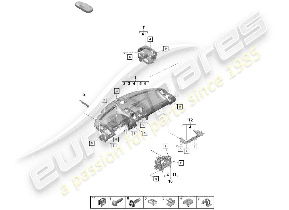 porsche 2020 (718 boxster spyder) rivestimento del pannello del cruscotto diagramma delle parti