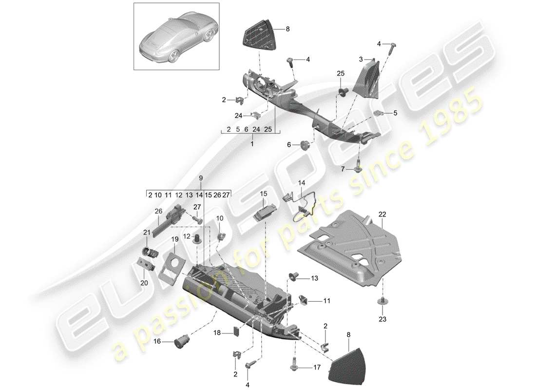 porsche 991 (2013) diagramma delle parti del vano portaoggetti