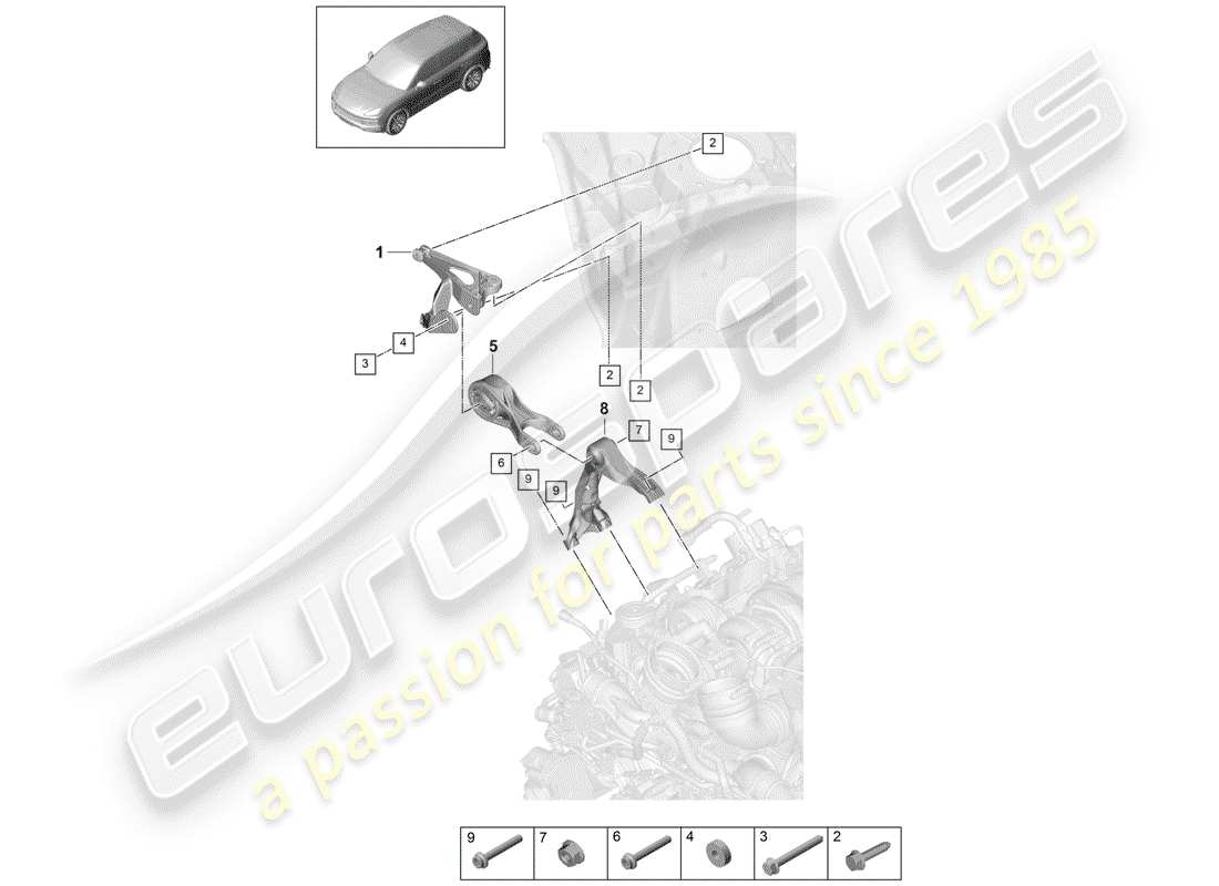 porsche 2019 (cayenne e3 9ya/9yb) attrezzatura di sollevamento motore schema delle parti