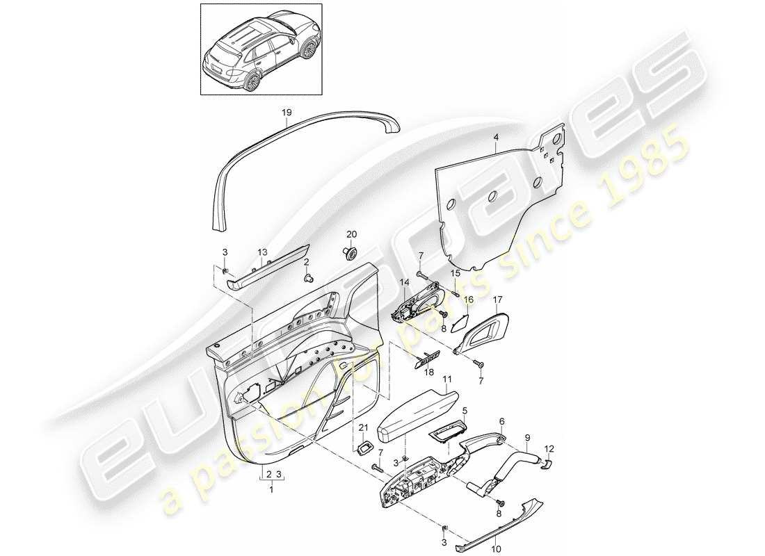 porsche 2011 (cayenne e2 92a) pannello della porta diagramma delle parti