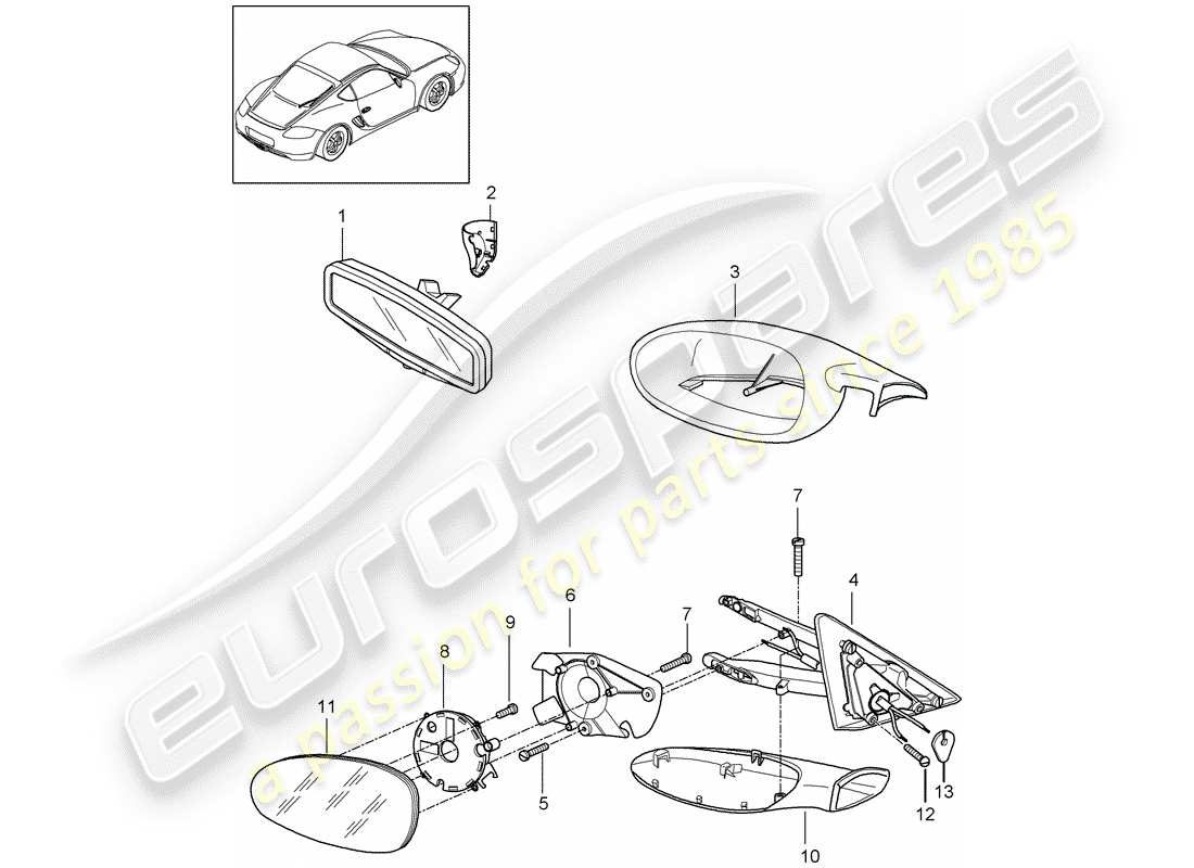 porsche 2012 (987 cayman) schema delle parti specchio retrovisore interno
