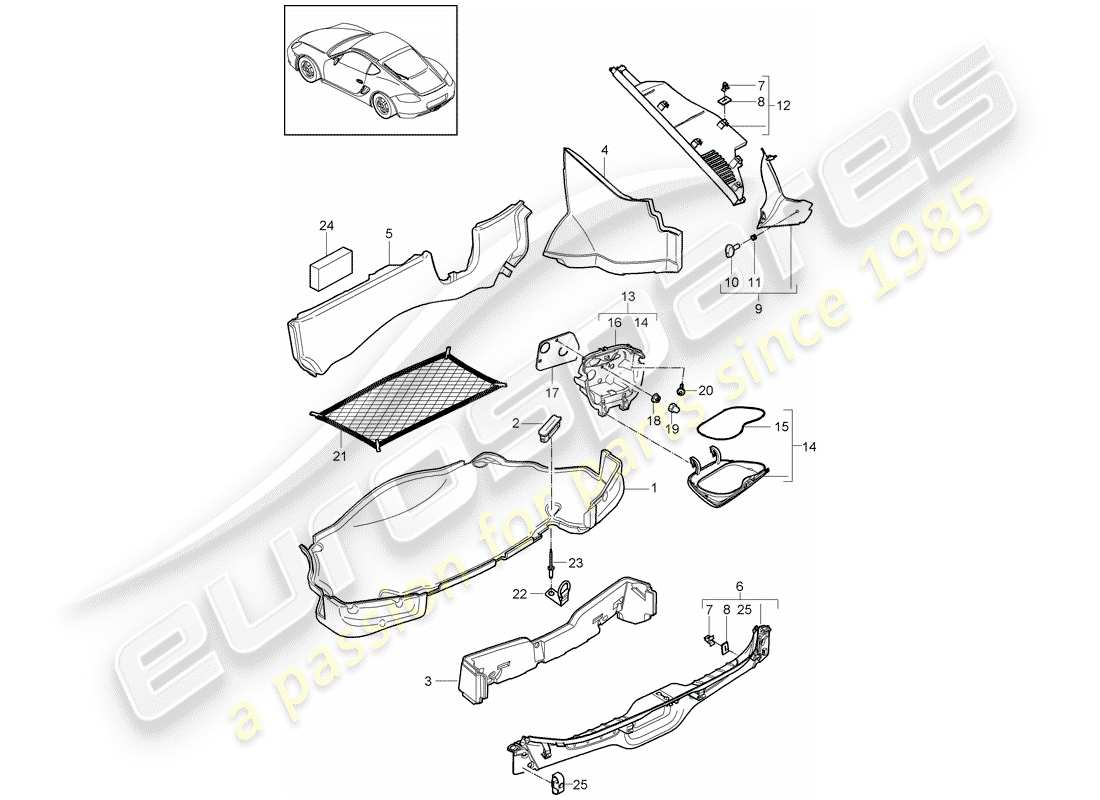 porsche 2010 (987 cayman) compartimento bagagli diagramma delle parti