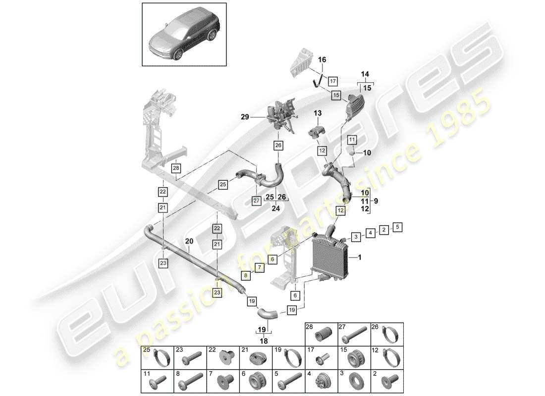porsche 2020 (cayenne e3 9ya/9yb) schema delle parti del raffreddatore dell'aria di carica