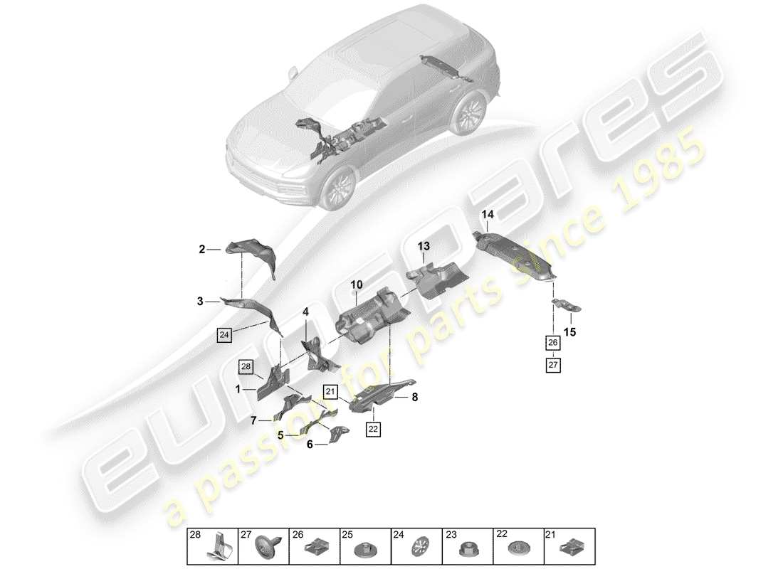 porsche 2018 (cayenne e3 9ya/9yb) deflettore di calore diagramma delle parti