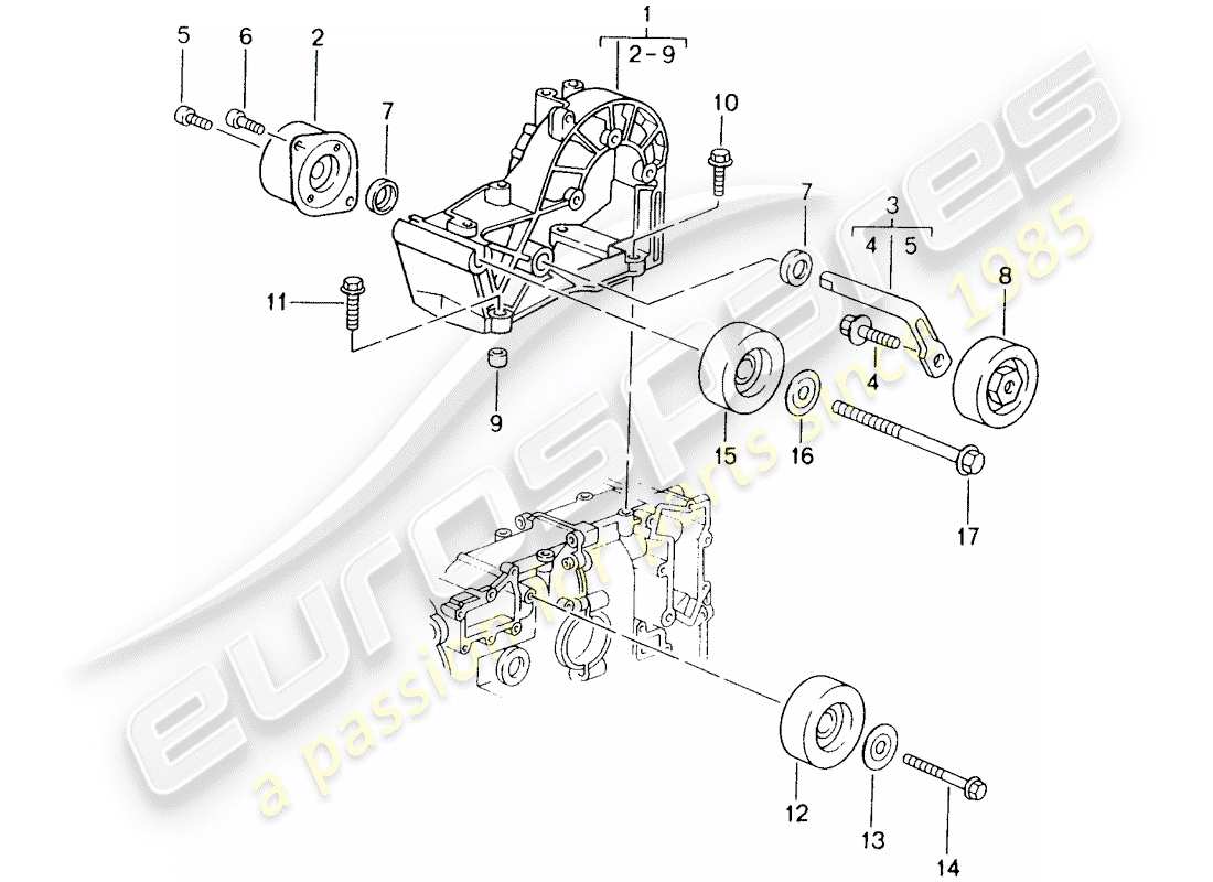 porsche 2005 (996) ammortizzatore tensionamento cinghia - rullo relè - staffa schema parte