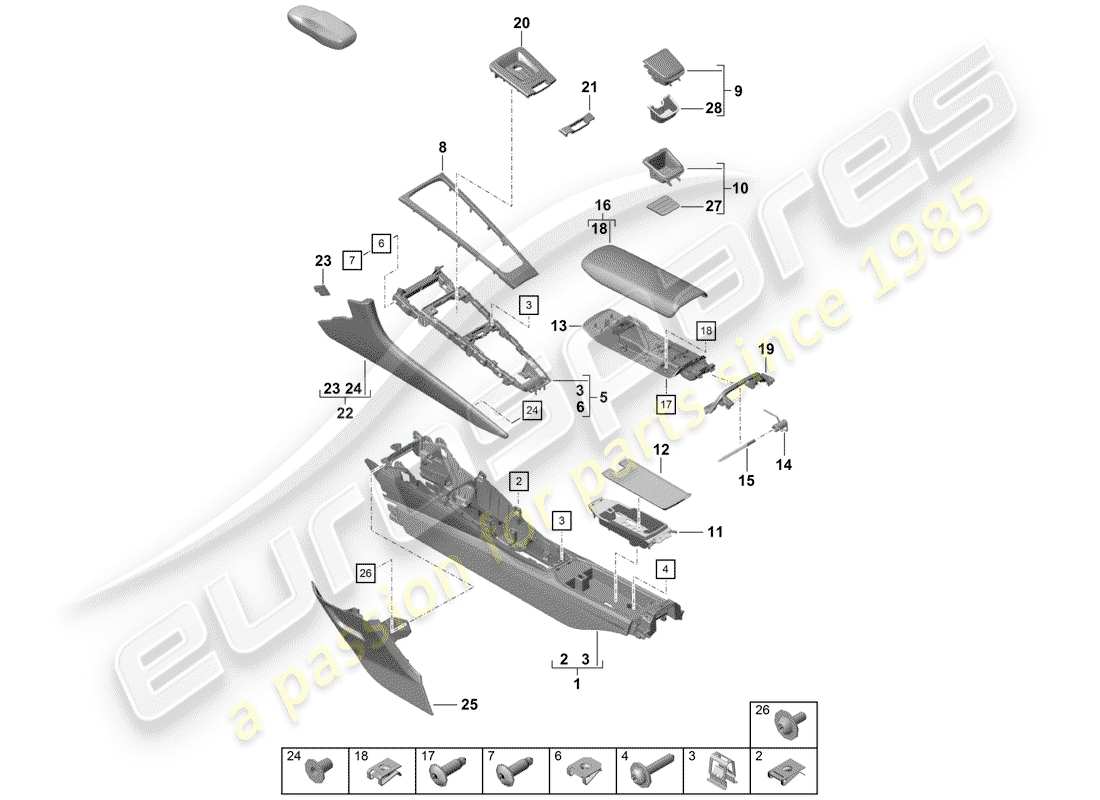 porsche boxster spyder (2019) schema delle parti della console centrale