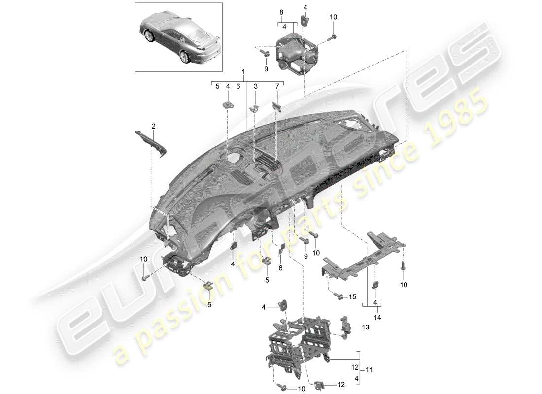 porsche 2019 (991-2 r/gt3/rs) rivestimento del pannello cruscotto diagramma delle parti