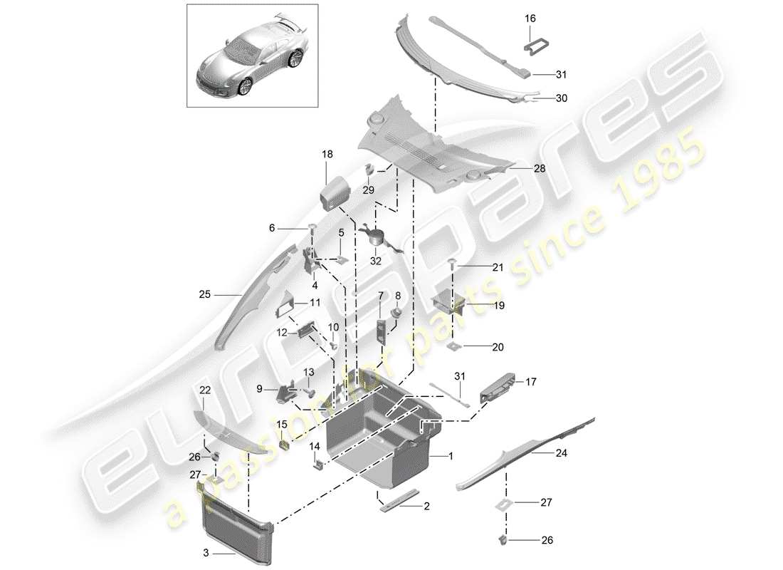 porsche 2019 (991-2 r/gt3/rs) fodera dello stivale diagramma delle parti