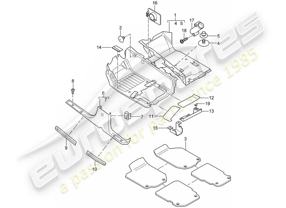porsche 2003 (cayenne e1 9pa) copertura del pavimento diagramma delle parti