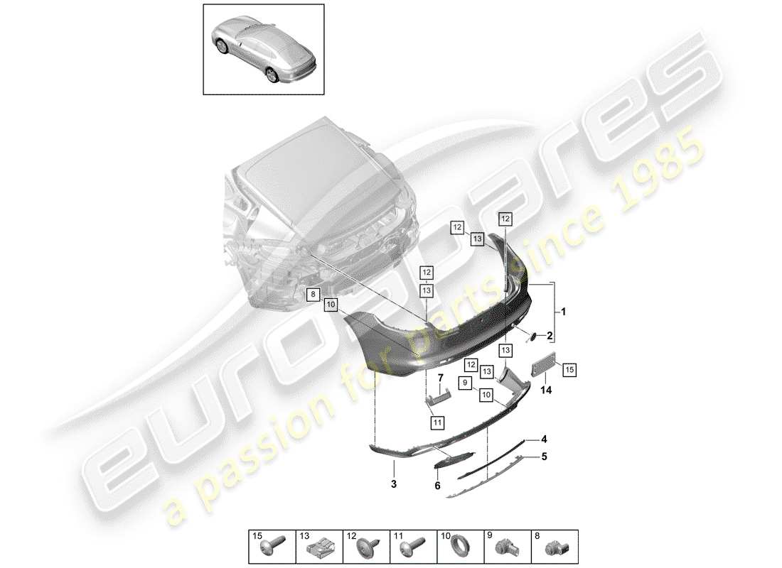 porsche 2017 (panamera 971-1) diagramma delle parti del paraurti