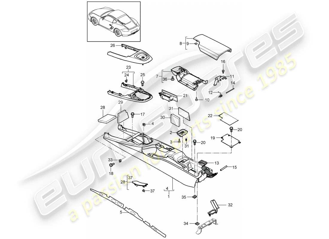 porsche 2012 (987 cayman) schema delle parti della console centrale