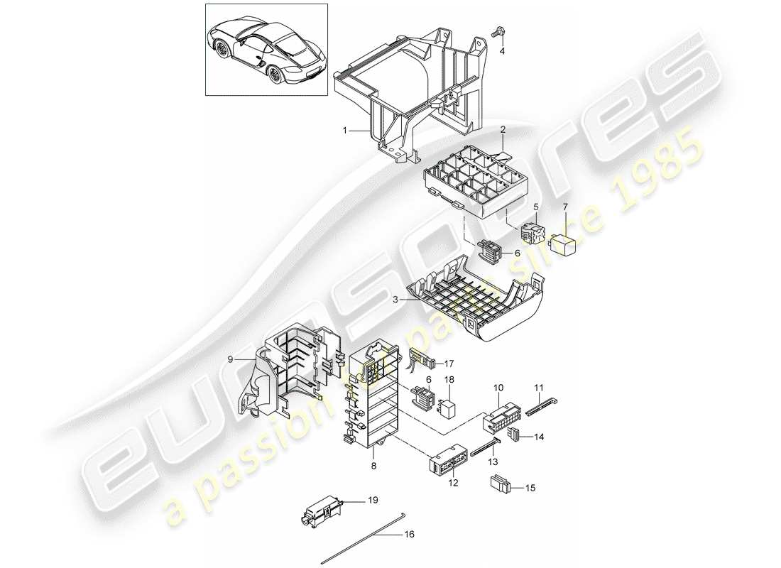 porsche 2010 (987 cayman) scatola dei fusibili/piastra relè diagramma delle parti