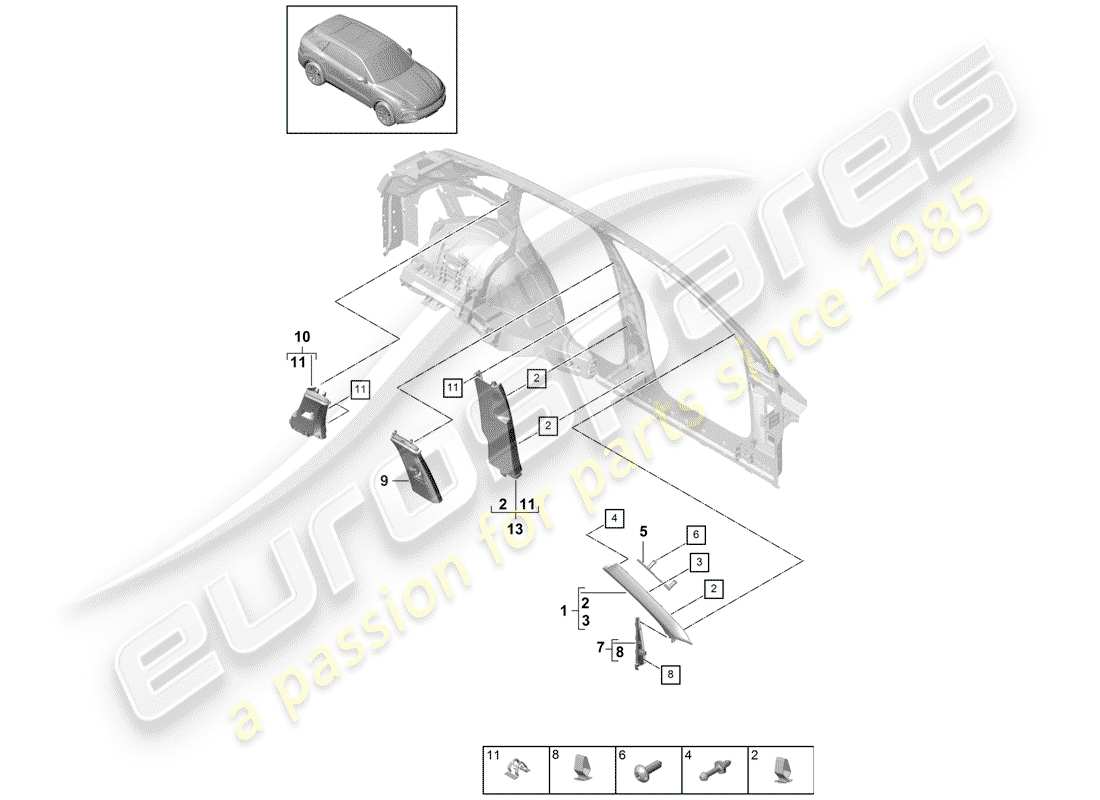 porsche 2020 (cayenne e3 9ya/9yb) diagramma delle parti della fodera