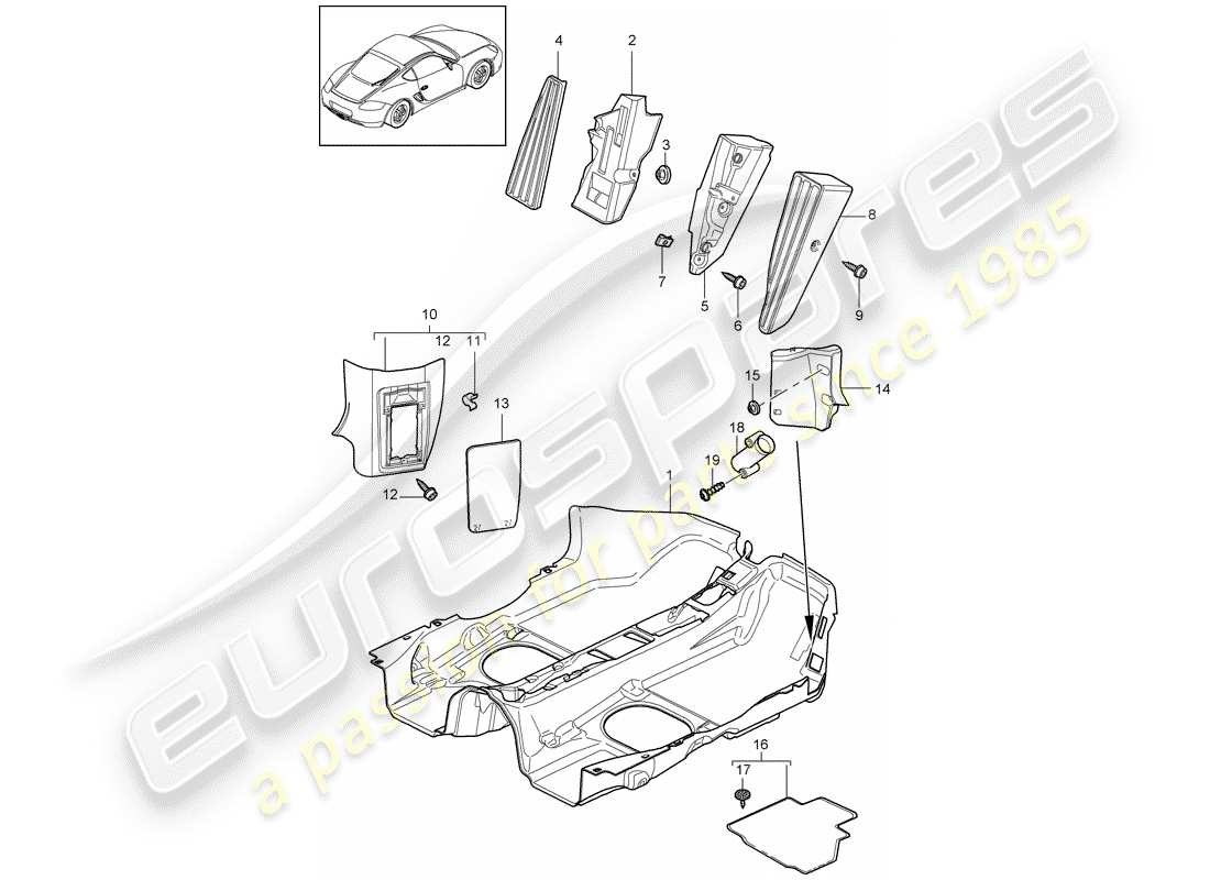 porsche 2010 (987 cayman) equipaggiamento interno schema delle parti
