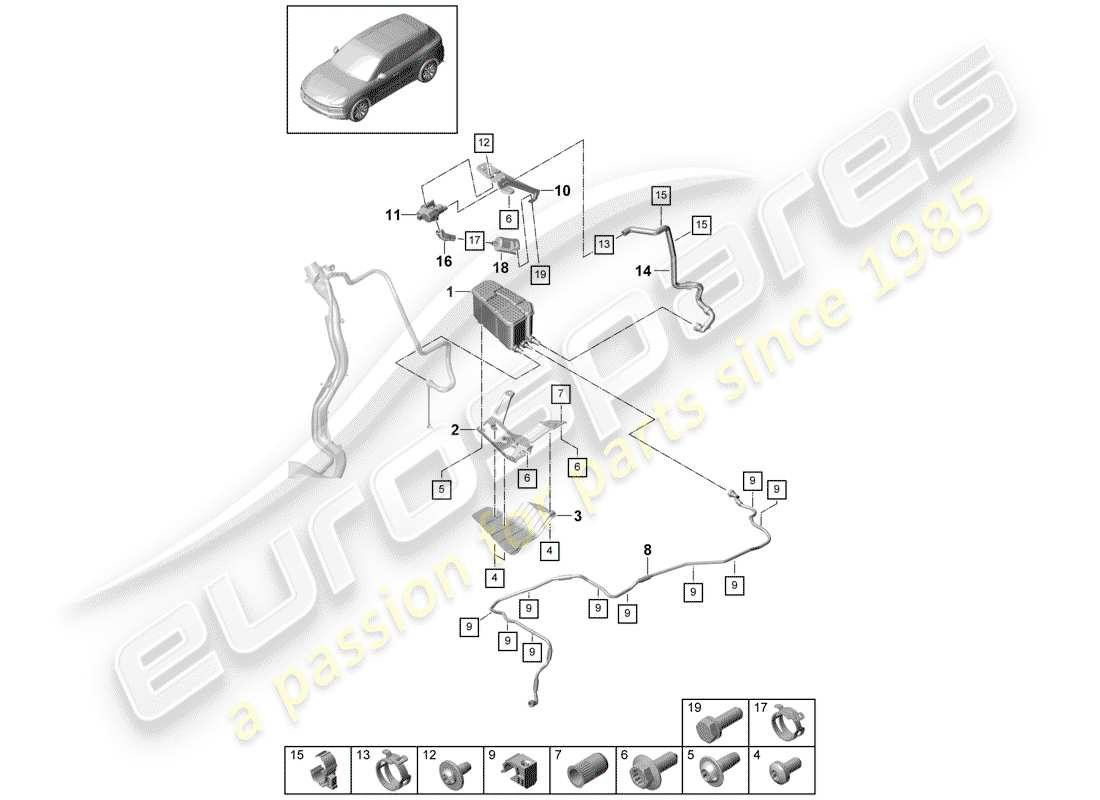 porsche 2020 (cayenne e3 9ya/9yb) schema delle parti del contenitore per emissioni evaporative