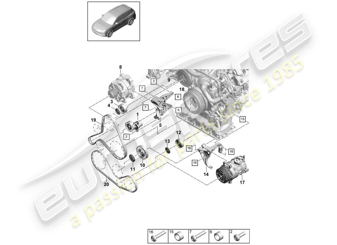 porsche 2020 (cayenne e3 9ya/9yb) schema delle parti della cinghia spelata
