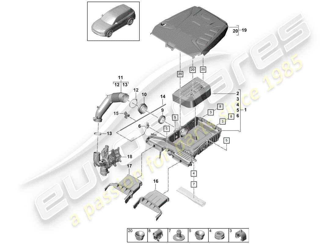 porsche 2020 (cayenne e3 9ya/9yb) filtro dell'aria con collegamento diagramma delle parti