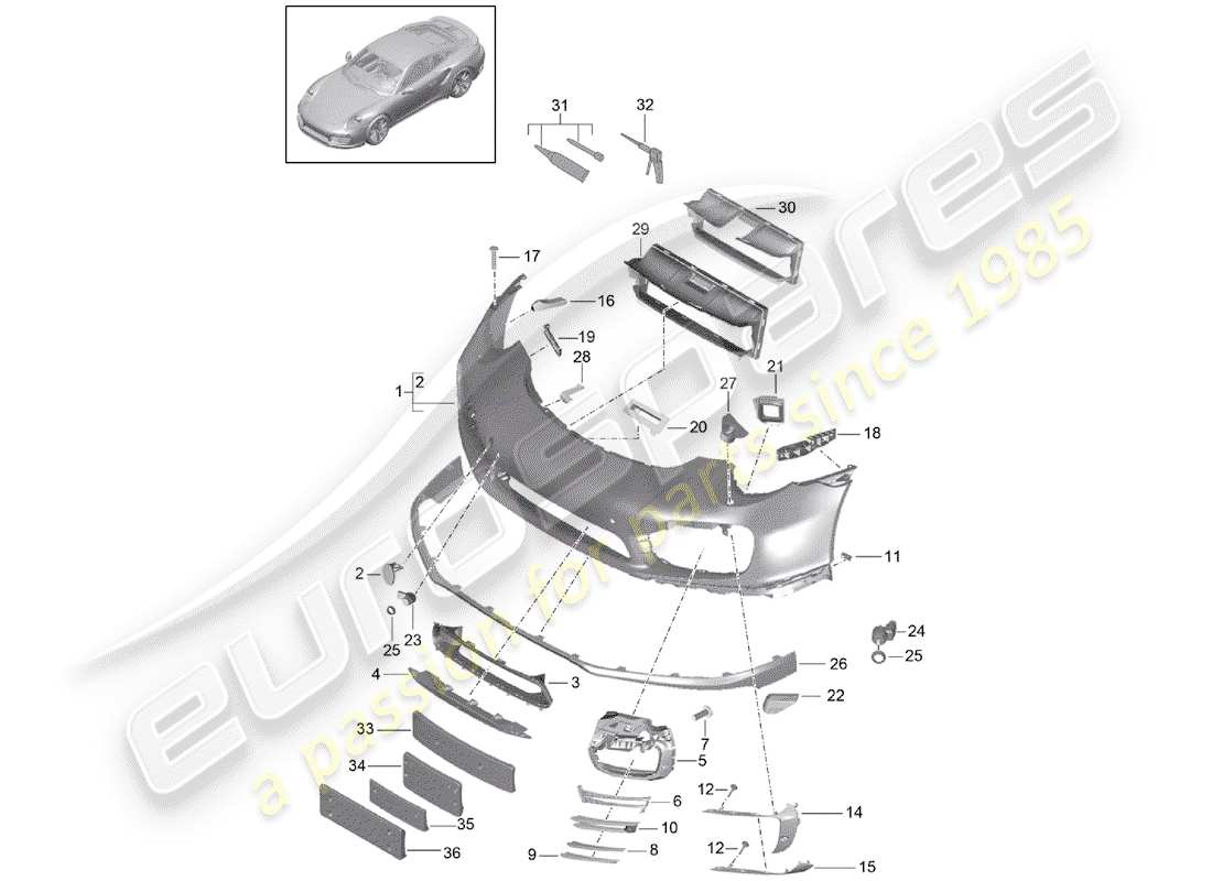 porsche 2016 (991-1 turbo) diagramma delle parti del paraurti
