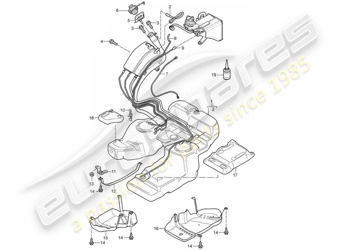 porsche 2009 (cayenne e1 9pa) serbatoio del carburante con diagramma delle parti