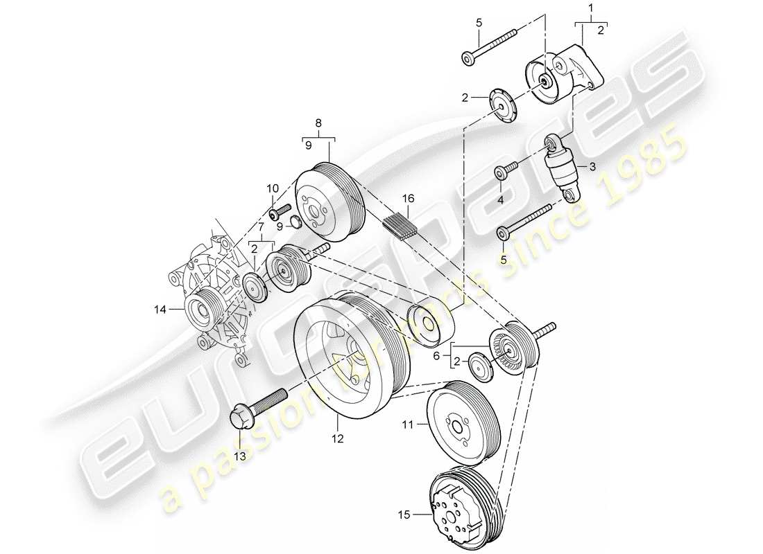 porsche 2009 (cayenne e1 9pa) ammortizzatore di tensionamento della cinghia diagramma delle parti