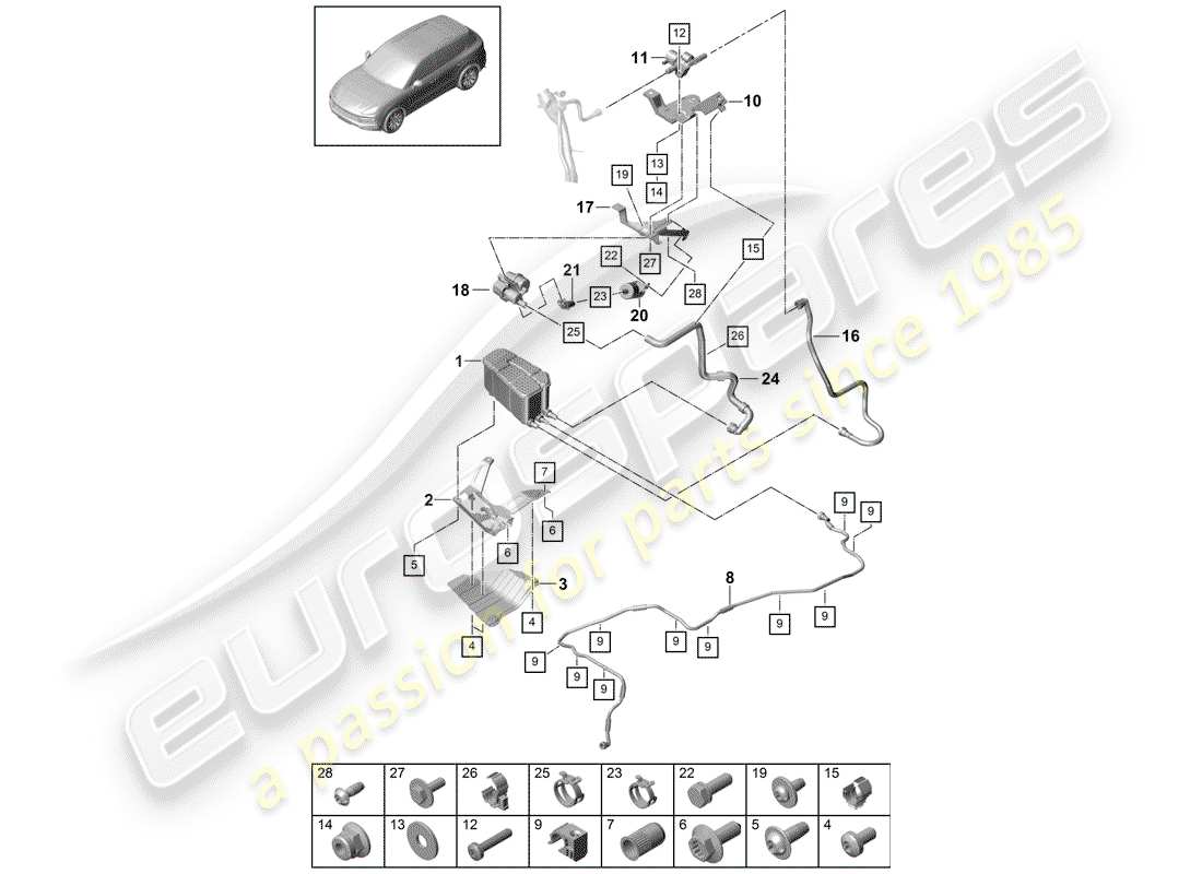 porsche 2020 (cayenne e3 9ya/9yb) schema delle parti del contenitore per emissioni evaporative