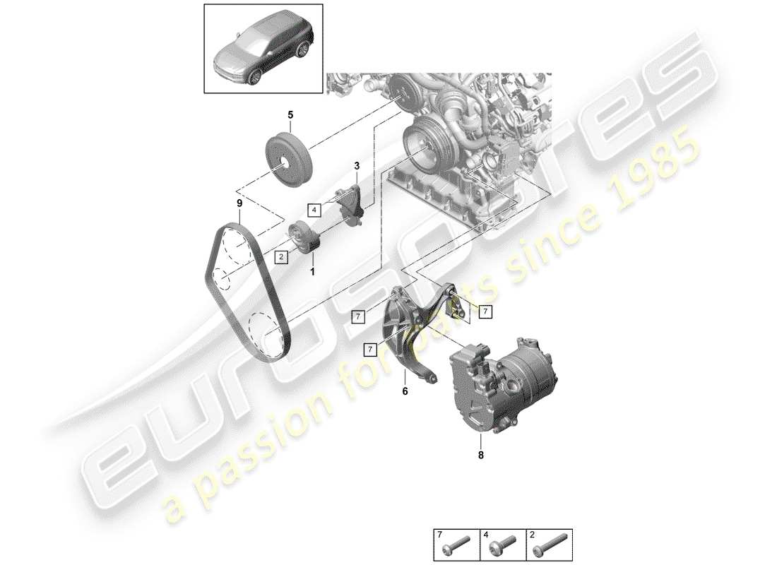 porsche 2020 (cayenne e3 9ya/9yb) schema delle parti della cinghia spelata