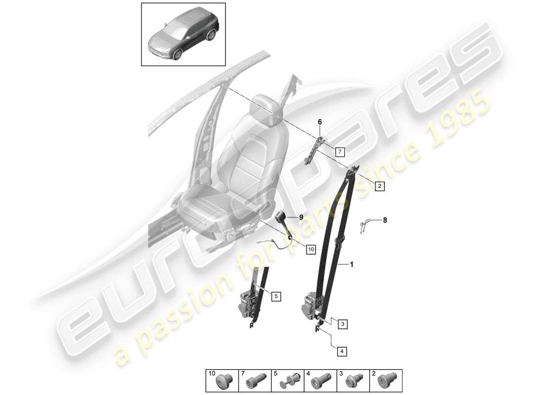 porsche 2020 (cayenne e3 9ya/9yb) cintura di sicurezza a tre punti diagramma delle parti