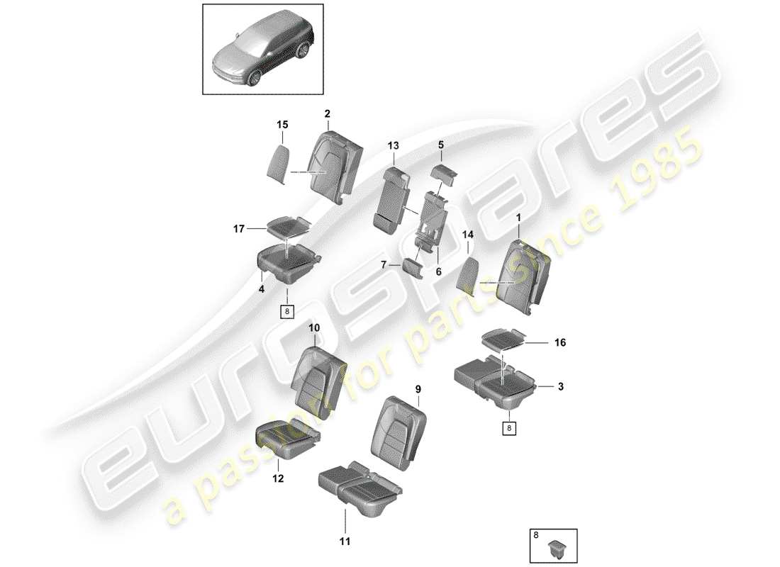 porsche 2020 (cayenne e3 9ya/9yb) diagramma delle parti del sedile