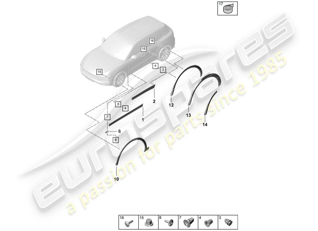 porsche 2020 (cayenne e3 9ya/9yb) copertura passaruota schema delle parti