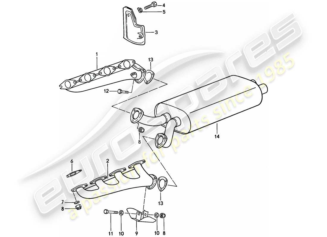 porsche 1986 (928) sistema di scarico - silenziatore di scarico, anteriore diagramma delle parti